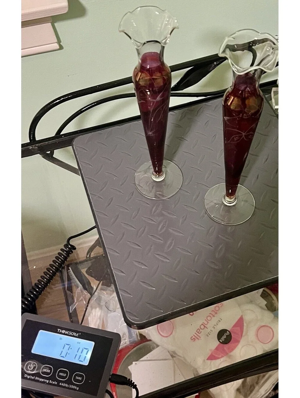 Czech Vintage 1950s 2 Bud Vases Cut To Clear Cranberry Flashed Etched Glass, 10”